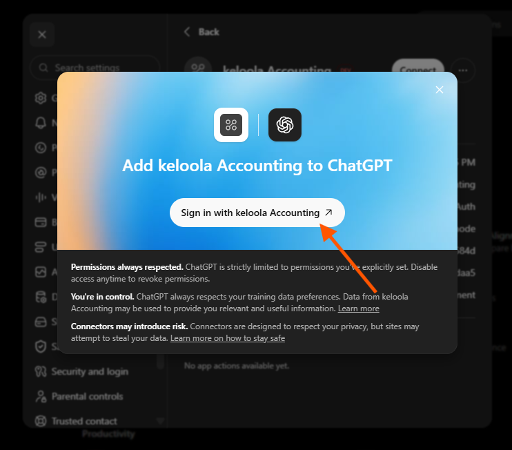 Popup koneksi ChatGPT ke Keloola Accounting