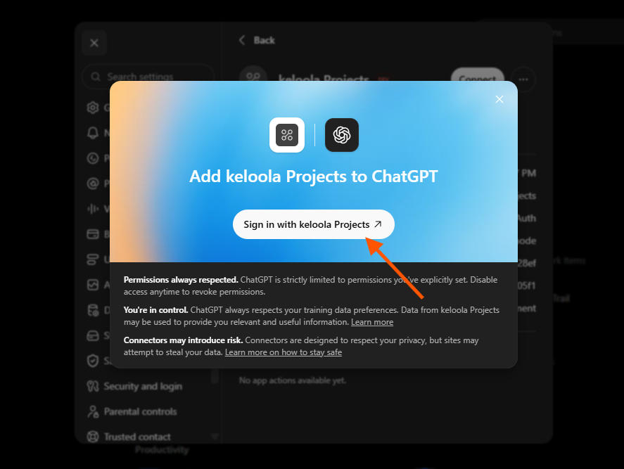 Popup koneksi ChatGPT ke Keloola Projects