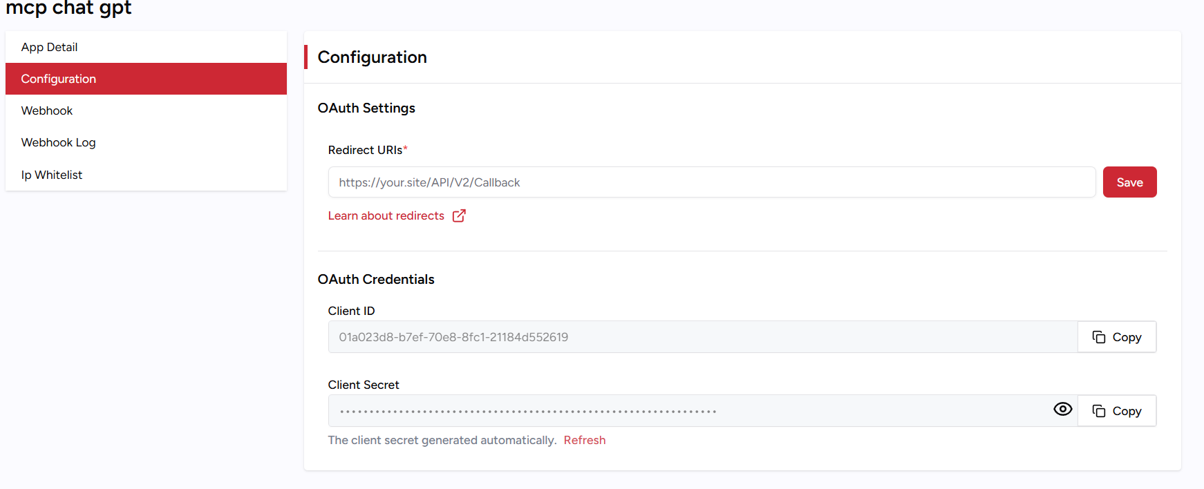 Halaman configuration ChatGPT