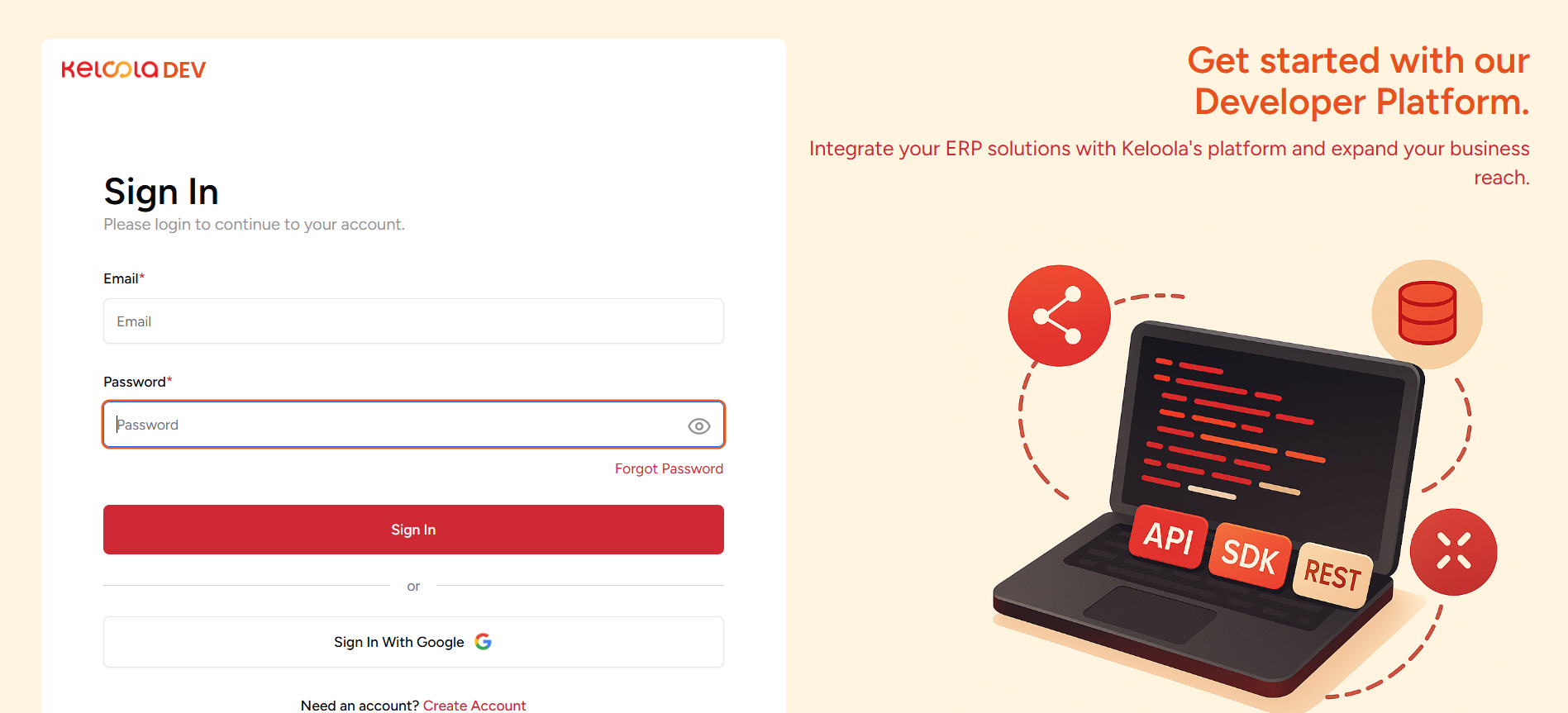 Halaman login Keloola Developer untuk ChatGPT