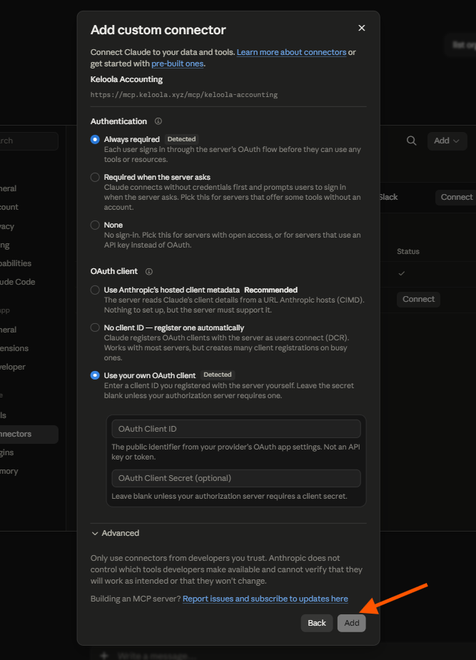 Memasukkan kredensial OAuth connector Keloola Accounting di Claude Desktop