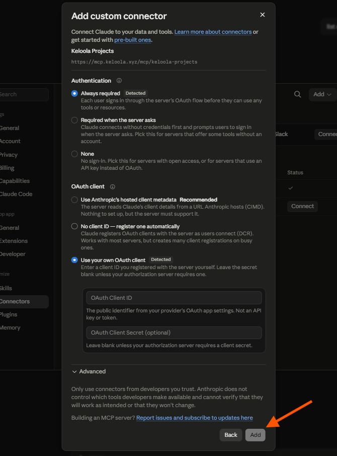 Memasukkan kredensial OAuth connector Keloola Projects di Claude Desktop