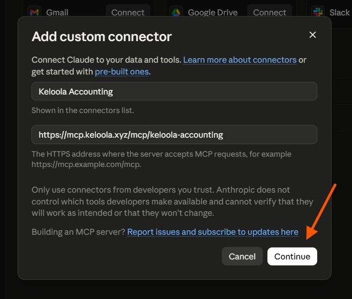 Memasukkan nama dan URL connector Keloola Accounting di Claude Desktop