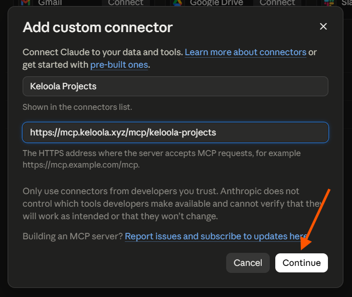 Memasukkan nama dan URL connector Keloola Projects di Claude Desktop