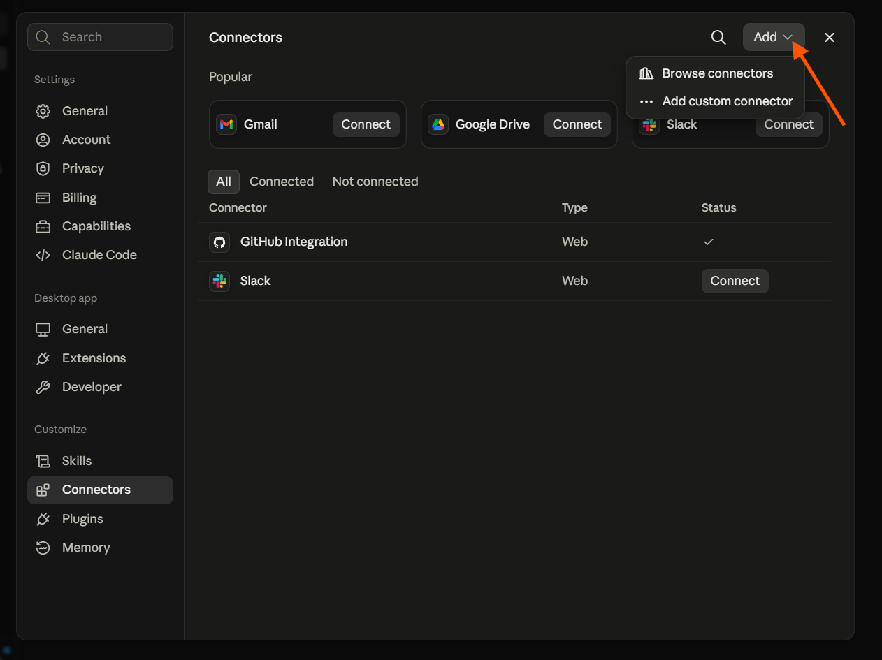 Menambahkan custom connector di Claude Desktop