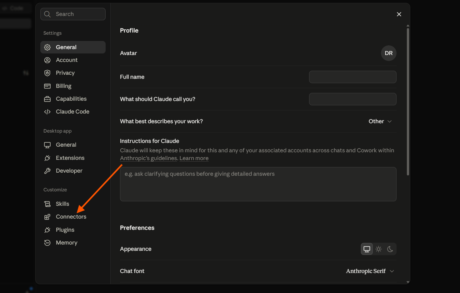 Memilih menu Connectors di Claude Desktop