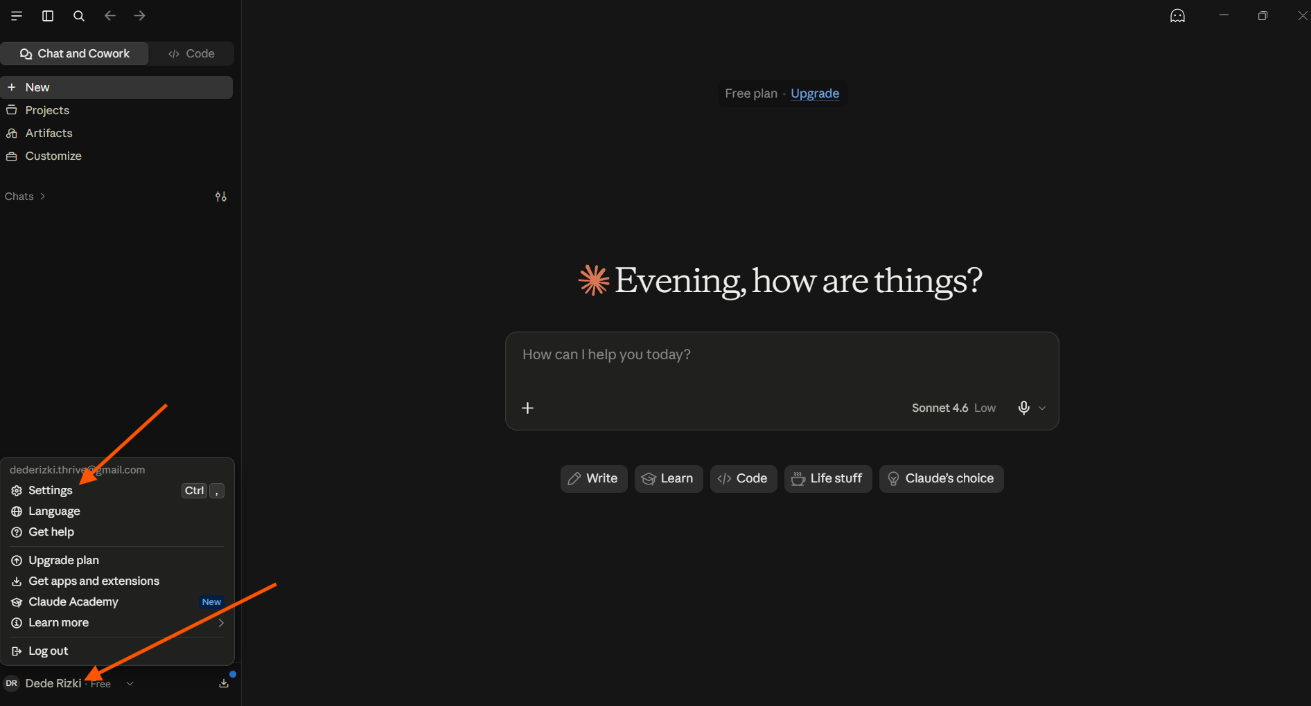 Membuka Settings melalui menu profil Claude Desktop