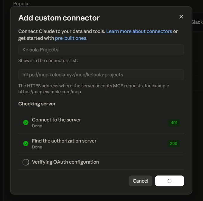 Verifikasi connector Keloola Projects di Claude Desktop