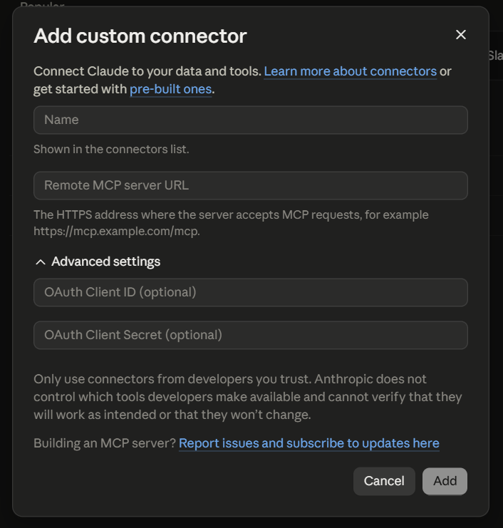 Form add custom connector di Claude