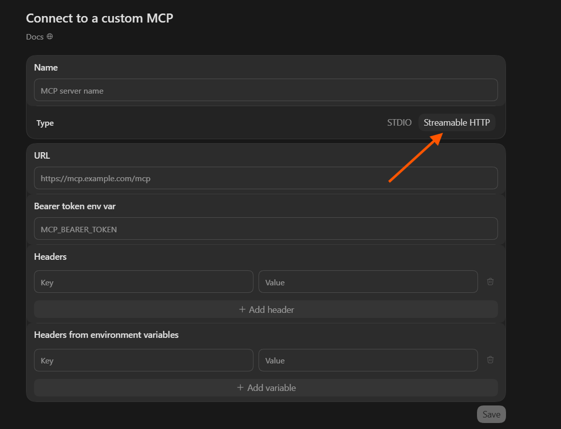 Formulir konfigurasi MCP Server di Codex