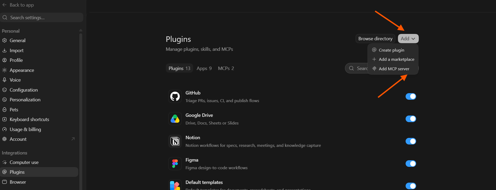 Menu Add dan Add MCP Server di Codex