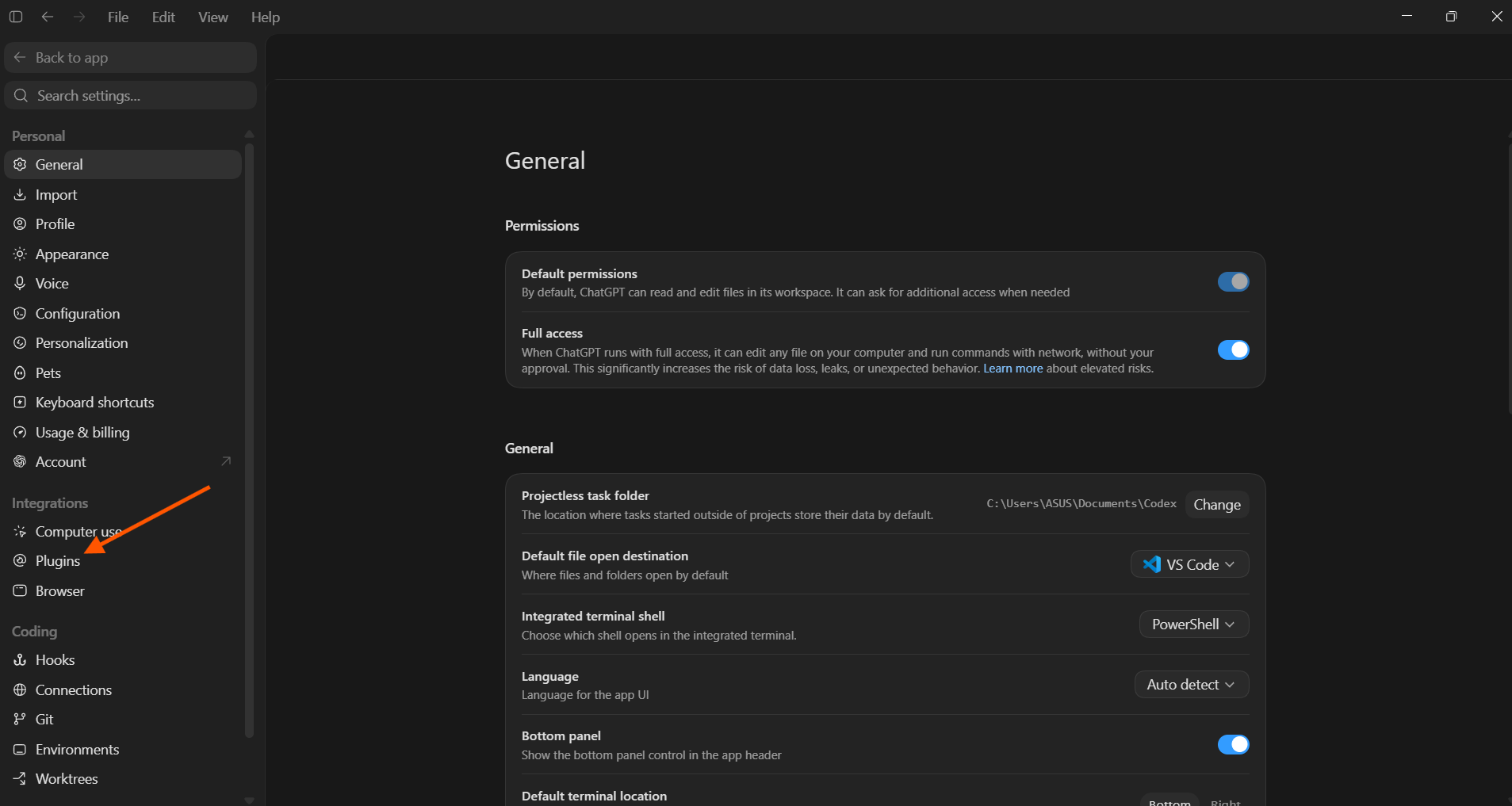 Menu Plugins di Codex Settings