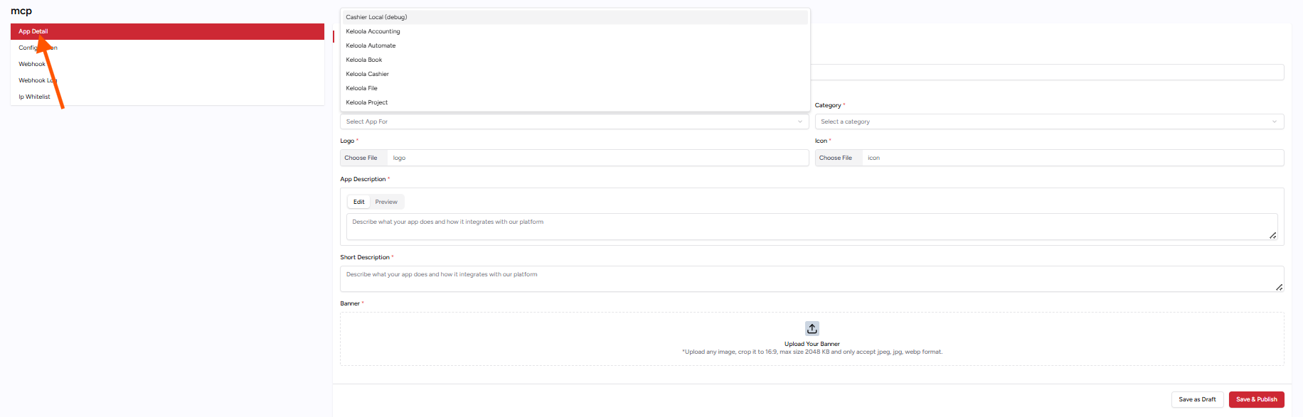 Halaman detail aplikasi Keloola Developer